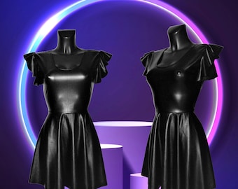 Black Soft Stretch PVC Leatherette Faux Leather Baby Doll Flutter Sleeve  Bodycon Skater Dress - Etsy