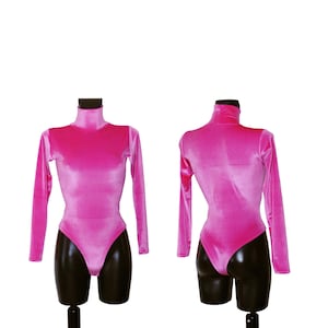 Women&#39;s Hot Cerise Pink Velvet High Neck Polo Neck Leotard Bodysuit