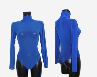 Body da donna con collo alto e collo alto in microrete blu royal (solo uno disponibile)