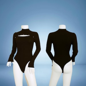 Women&#39;s Black Open Chest Stud Style Polo Neck Bodysuit