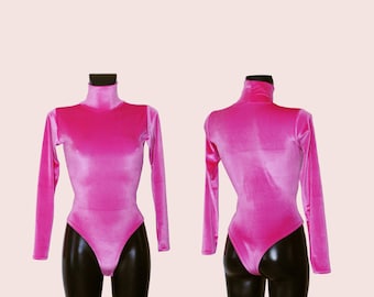 Women's Hot Cerise Pink Velvet High Neck Polo Neck Leotard Bodysuit