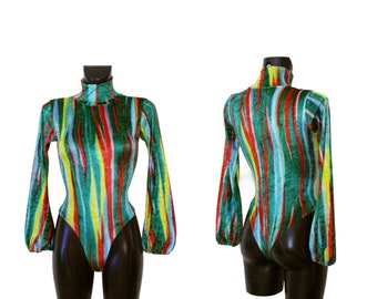 Women's Multi Coloured Zebra Stripes Velvet Long Bell Sleeve High Neck Polo Neck Leotard Bodysuit