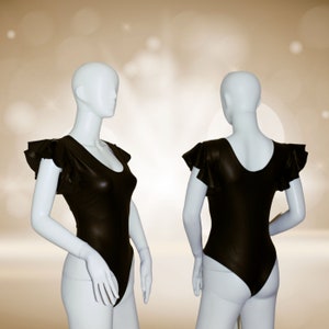 Women&#39;s Black Leather Matte Look Double  Layer Flutter Sleeve Crew Neck Leotard Bodysuit