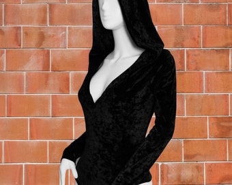 Women's Black Large Velvet Hooded Plunge V Neck Bodysuit
