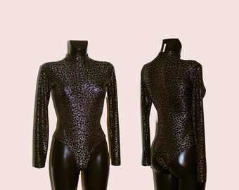 Women's Metallic Silver & Black Leopard Print Plisse Turtle Neck Leotard Bodysuit