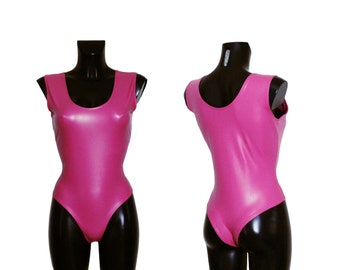 Pink Cerise Faux Leather Bodysuit: Sleeveless PVC Leotard