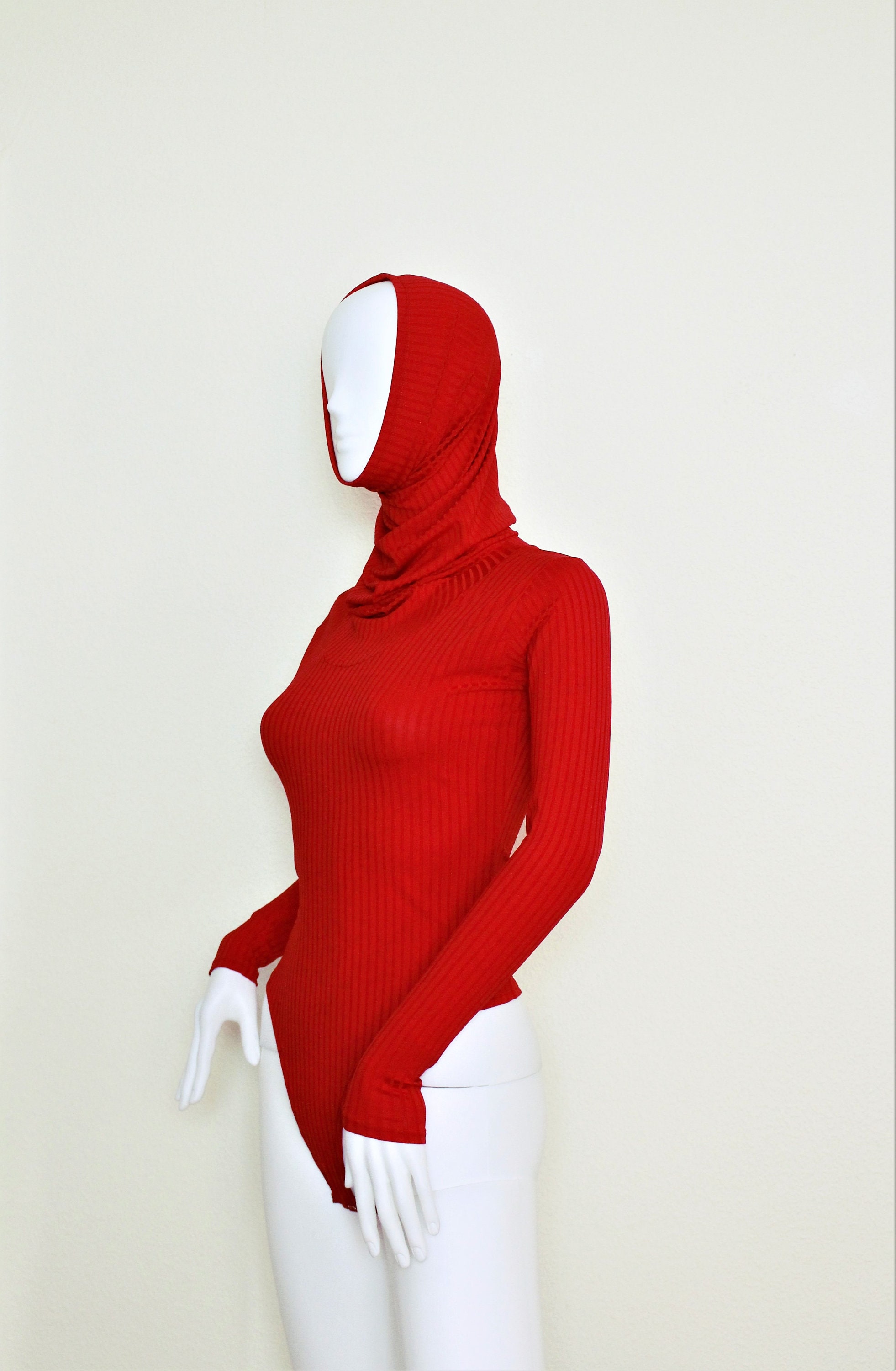 Women's Red Hooded Snood Cowl Neck Bodysuit - Etsy