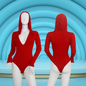 Sale 10% Off Now Women&#39;s Red Large Hooded Plunge V Neck Bodysuit