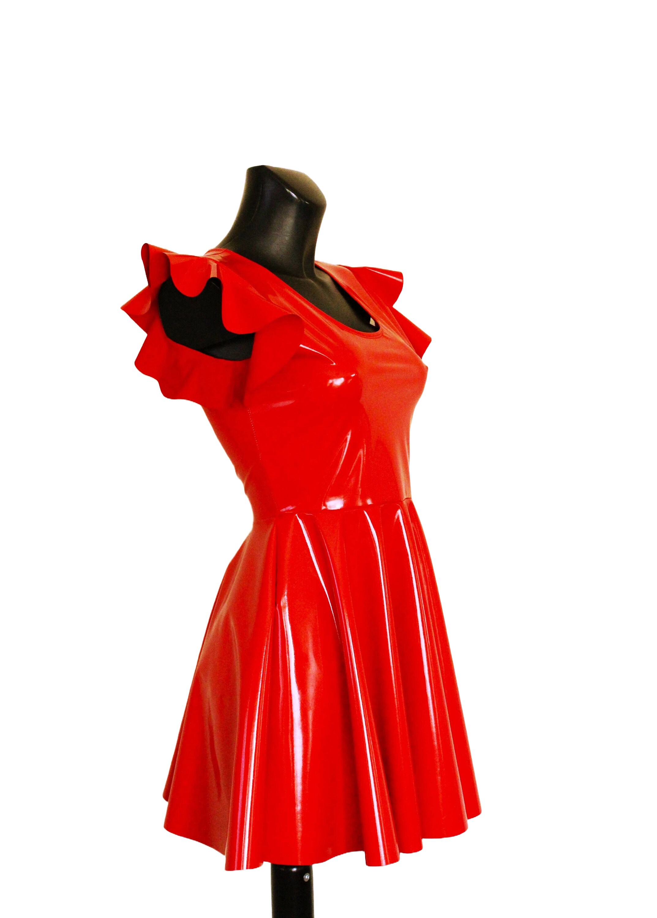 Scarlet Red Vegan Leather Skater Dress: Flutter Sleeve Bodycon Scarlet Red Vegan Leather Skater Dress: Flutter Sleeve Bodycon