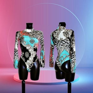 Women&#39;s Animal & Regal Print Long Bell Sleeve Leotard Polo Neck Bodysuit