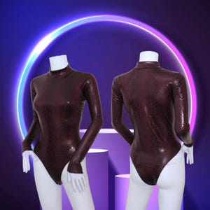 Women&#39;s Burgundy Snake Print Soft Stretch PVC Leatherette Faux Leather Turtle Neck Leotard Bodysuit