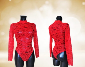 Women's Red Floral Lace Polo Neck Leotard Bodysuit