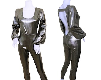 Women's Metallic Silver Open Back Bell Sleeve Jumpsuit