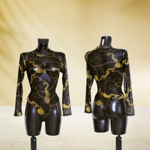 Black Transparent Chain & Regal Print Black Mesh Polo Neck Leotard Bodysuit