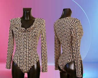 Women's Black and Beige Monogram Print Cowl Neck Bodysuit