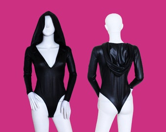 Saldi 10% di sconto adesso Body da donna con scollo profondo a V e cappuccio in similpelle nera di grandi dimensioni