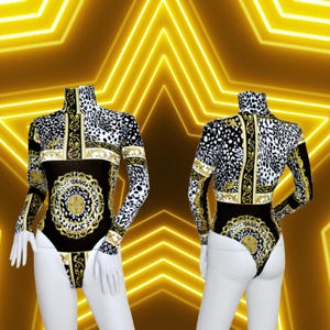 Animal & Gold Victorian Regal Print Extra Long Polo Neck Leotard Bodysuit