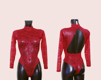 Women's Red Floral Lace Open Back Polo Neck Leotard Bodysuit  (Only One Available)