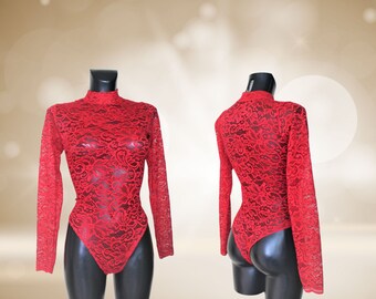 Women's Red Floral Lace Polo Neck Leotard Bodysuit