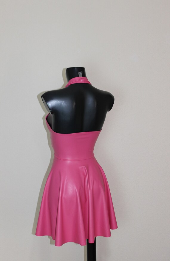 pink halter skater dress Women's Cerise Soft Stretch PVC Leatherette Faux Leather Neck Homecoming Gowns