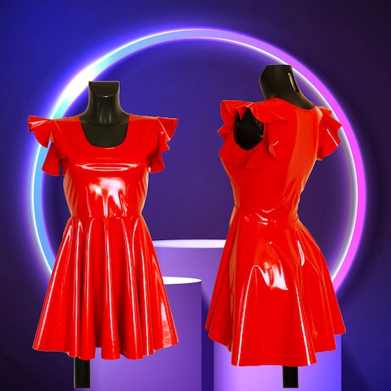 Scarlet Red Vegan Leather Skater Dress: Flutter Sleeve Bodycon - Etsy Australia Scarlet Red Vegan Leather Skater Dress: Flutter Sleeve Bodycon - Etsy Australia