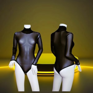 Women&#39;s Black Transparent Micro Mesh Leotard Polo Neck Bodysuit