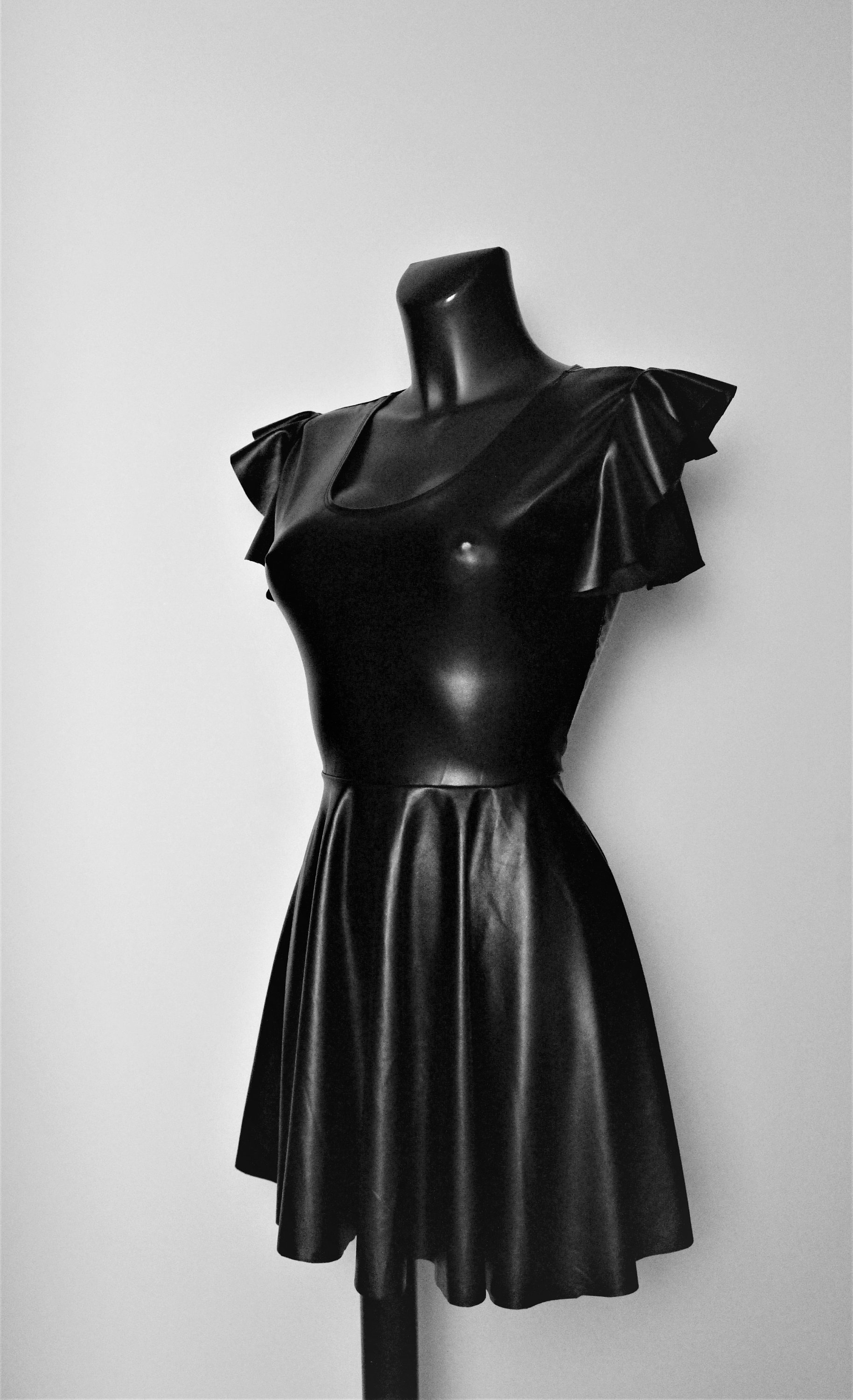 Black Soft Stretch PVC Leatherette Faux Leather Baby Doll Flutter