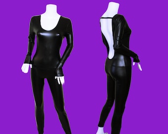 Women's Black Soft Stretch Pvc Leather Look Crew Neck Jumpsuit