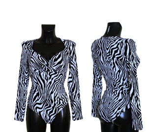 Women's Zebra Print White & Black Bra Crossover Leotard Bodysuit
