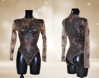 Women's Flower's & Sequin Brown Lace Polo Neck Leotard Bodysuit