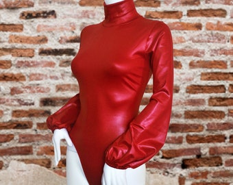 Women's Red Wet Look Cupro Light Weight Bell Sleeve Polo Neck Leotard Bodysuit