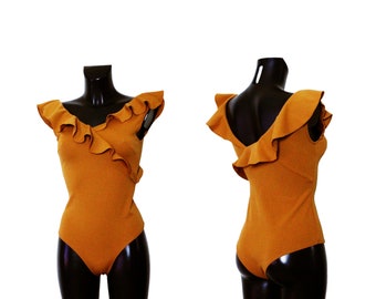 Women's Mustard Ruffle Trim Neckline Sleeveless Leotard Bodysuit