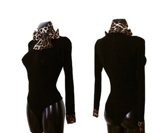 Women's Black Contrast Polo Neck Leopard Print Neck Tie Polo Neck Leotard Bodysuit