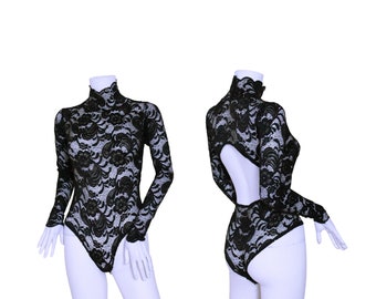 Damen-Trikot-Bodysuit mit schwarzem Blumenmuster, hohem Bogenausschnitt, Spitze, offenem Rücken und Polo-Ausschnitt