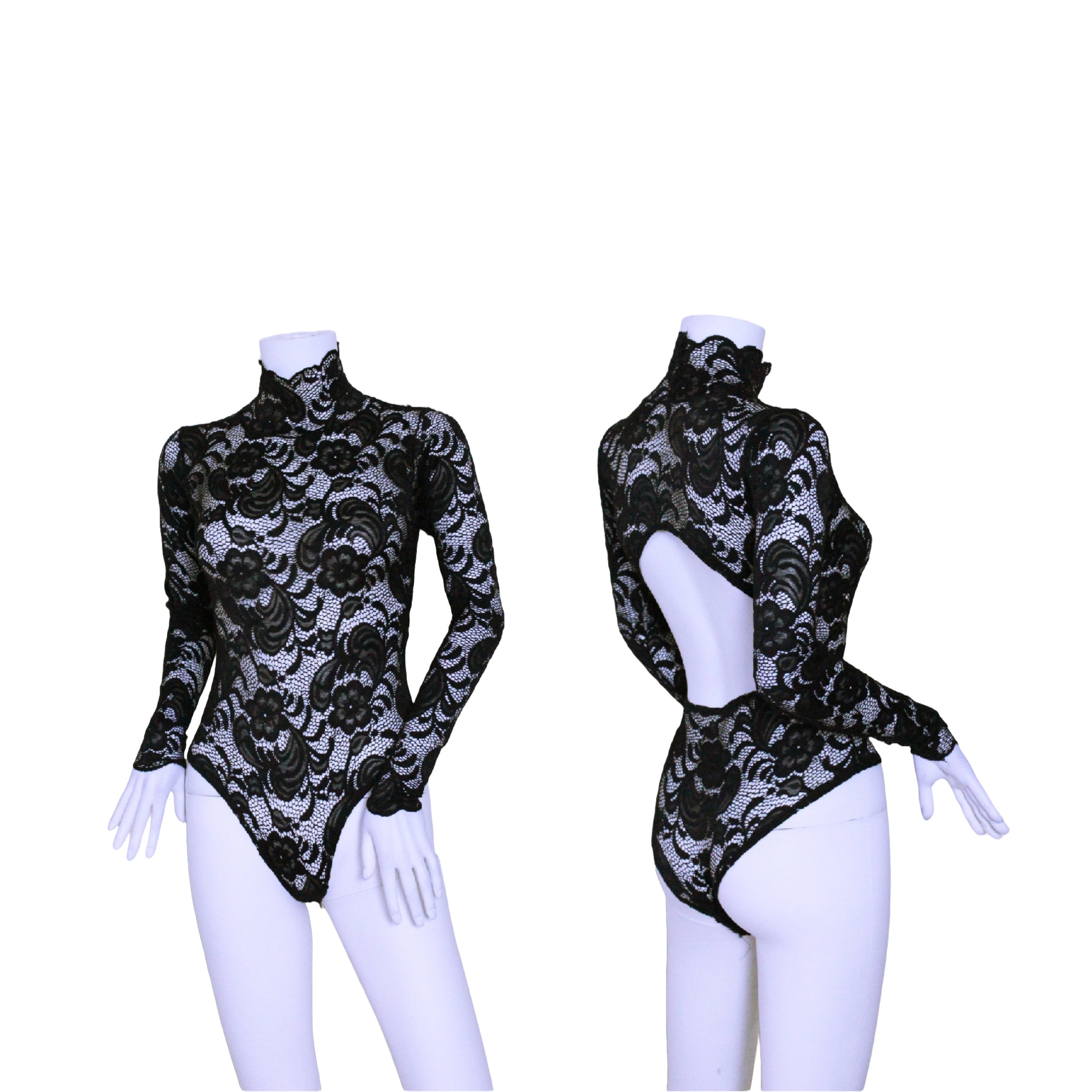 Women's Black Floral High Scallop Neck Lace Open Back Polo Neck Leotard Bodysuit