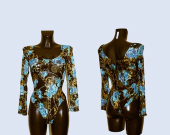 Women's Lace Blue Floral & Chains Semi Transparent Crew Neck Leotard Bodysuit