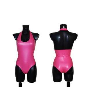 Women&#39;s Pink Cerise  Soft Stretch PVC Leatherette Faux Leather Halter Neck  Leotard Bodysuit