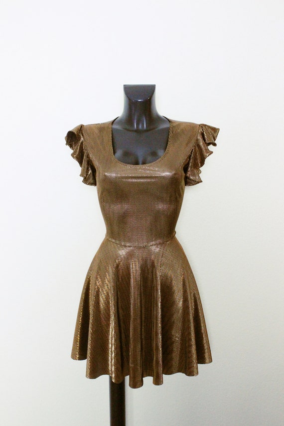 Women's Metal Gold Plisse Evening Wear Baby Doll Flutter Sleeve Bodycon  Skater Dress - Etsy UK