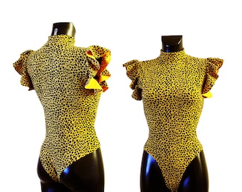 Women's Mustard and Black Leopard Print Ruffle Sleeve Turtle Neck Leotard Bodysuit