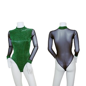 Women&#39;s Two-Tone Emerald Green Lurex & Black Mesh Turtle Neck Leotard Bodysuit