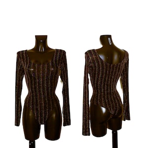 Women&#39;s Semi Sheer Tinsel Multi Coloured Pinstripe Lurex Knit Crew Neck Bodysuit (Only One Available)