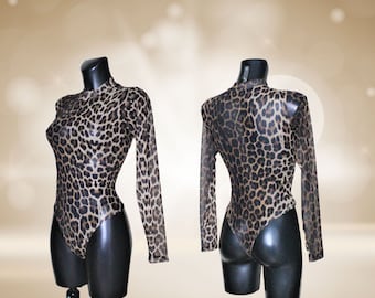 Women's Summer Leopard Print Mesh Sleeve Polo Neck Leotard Bodysuit