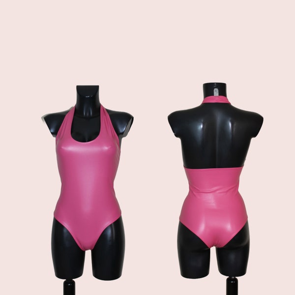 Women's Pink Cerise  Soft Stretch PVC Leatherette Faux Leather Halter Neck  Leotard Bodysuit