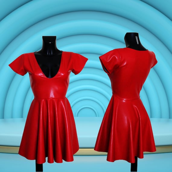 Women's Red PVC Soft Faux Leather Long Plunge V Neck Cuff Sleeve Skater  Dress - Etsy