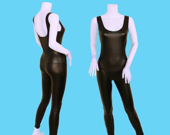 Women's Black Soft Stretch Pvc Leather Look Crew Neck Jumpsuit