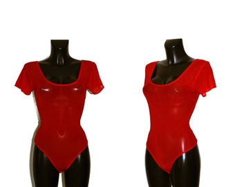 Women's Red Transparent Crew Neck Short Sleeve Leotard Bodysuit