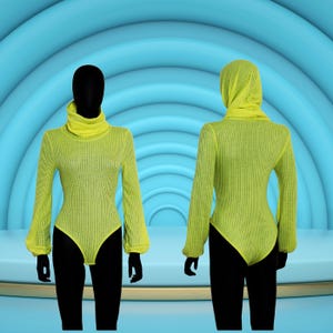 Women&#39;s Yellow Light Weight Jersey Hooded Snood Cowl Neck Long Bell Sleeve Bodysuit