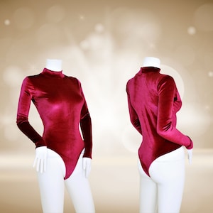 Women&#39;s Burgundy Velvet Long Sleeve Vintage Style Polo Neck Leotard Bodysuit