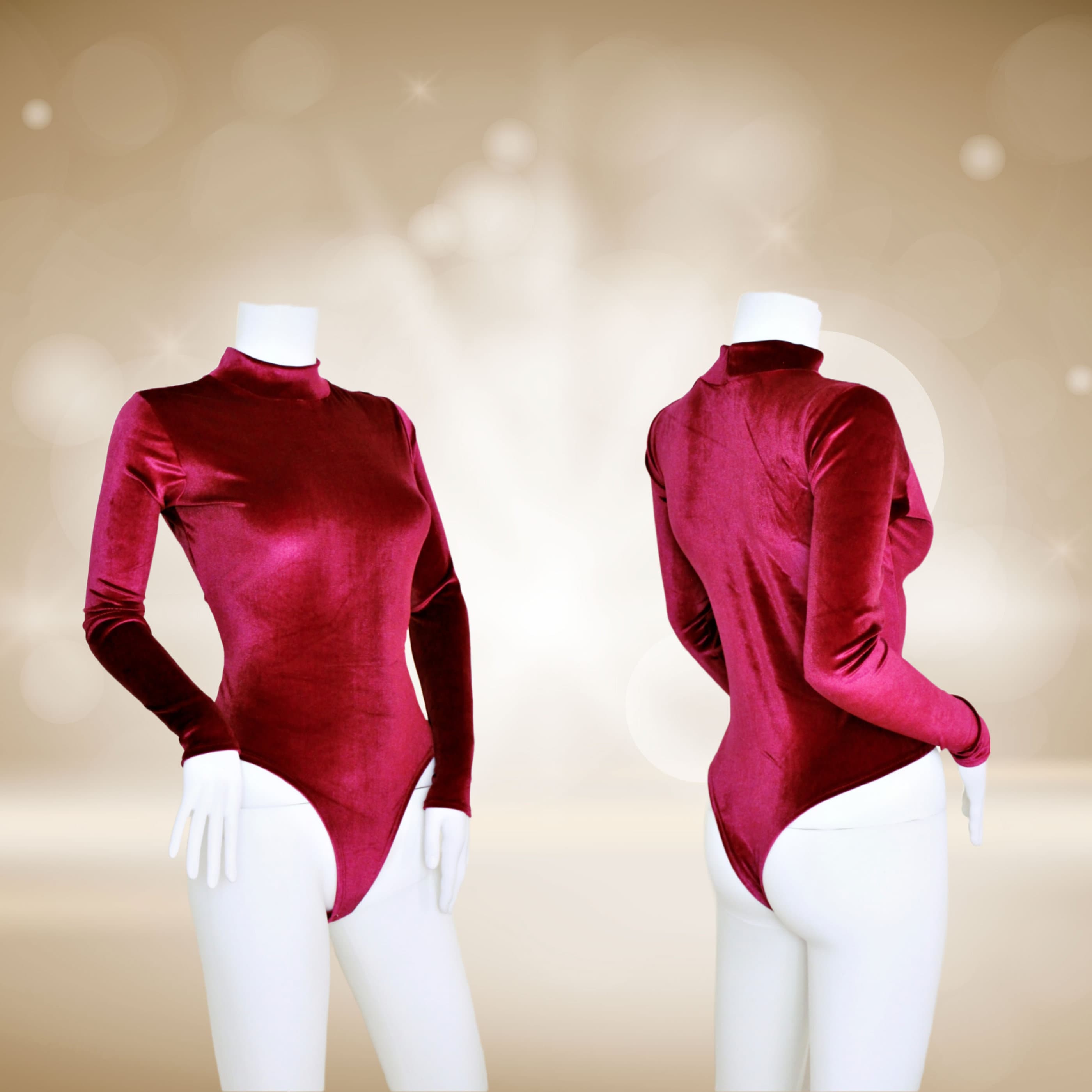 Women's Burgundy Velvet Long Sleeve Vintage Style Polo Neck