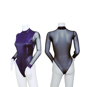 Damen zweifarbiger Violet & Black Mesh Rollkragen Leotard Bodysuit